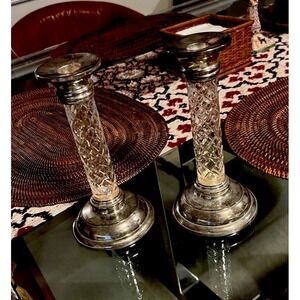Vintage Crystal & Silver Plate Sparkling Rich Holiday Candlestick Holders